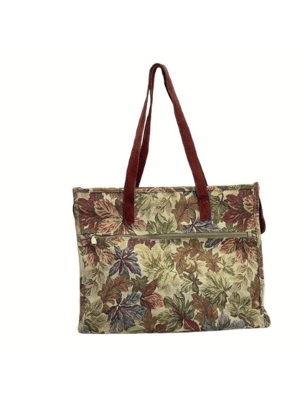 Ricardo Beverly Hills Tapestry Tote Bag With Suede Trim Leaf Pattern Zipper Top - Picture 2 of 16